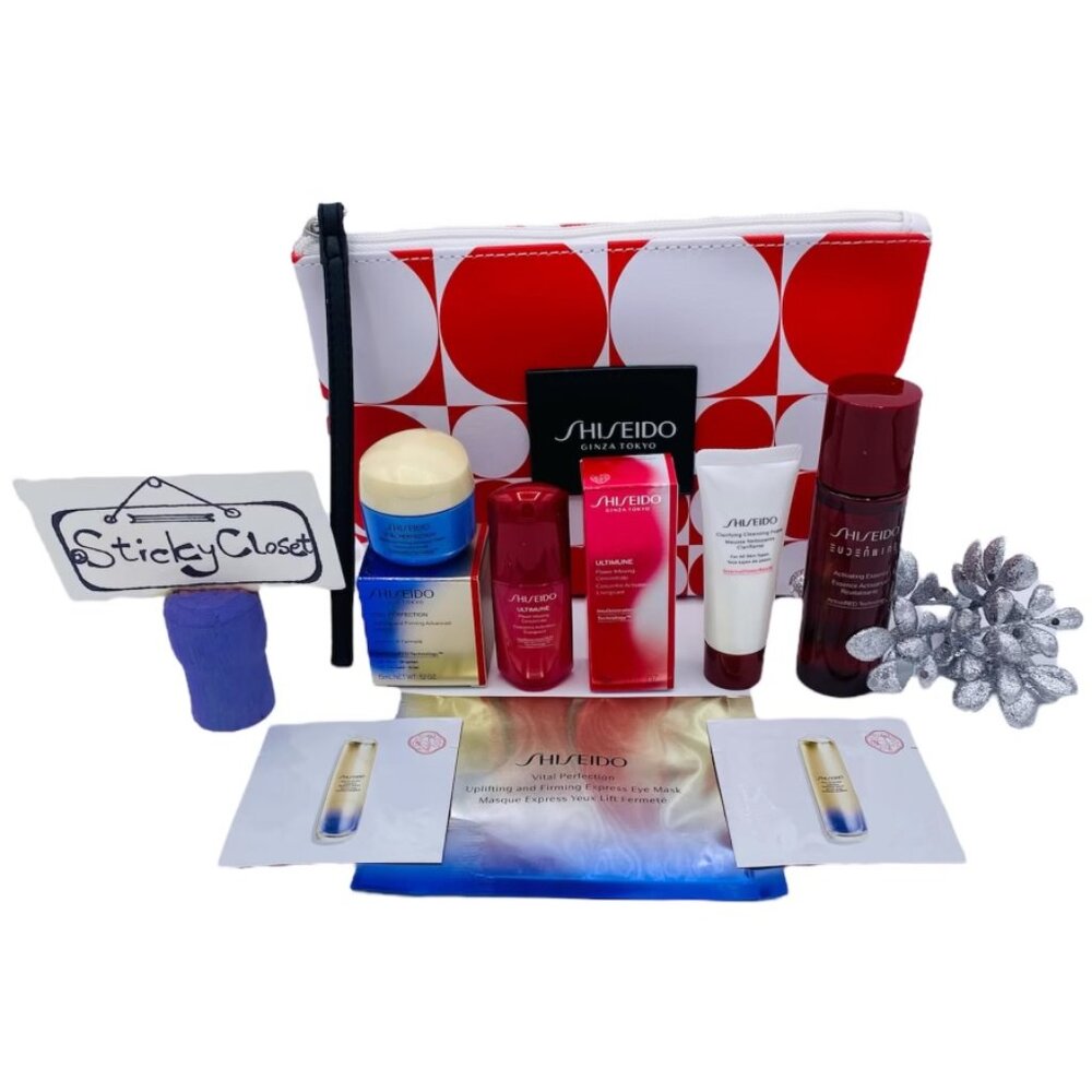 SHISEIDO Skincare Set-Red Dot Pouch,Firm Cream,Ultimune Serum & Eye Mask-7pc-NEW